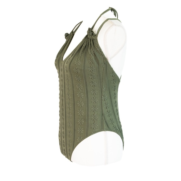Aerie Deep Green Embroidered Floral Cheeky One Piece Swimsuit, Size Medium - Picture 2 of 12